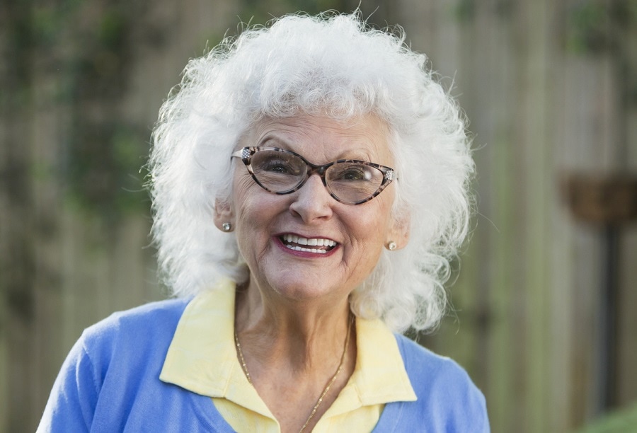 short curly white hair for over 70 with glasses