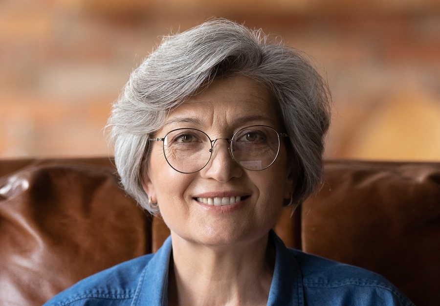 short layered haircut for women over 50 with glasses