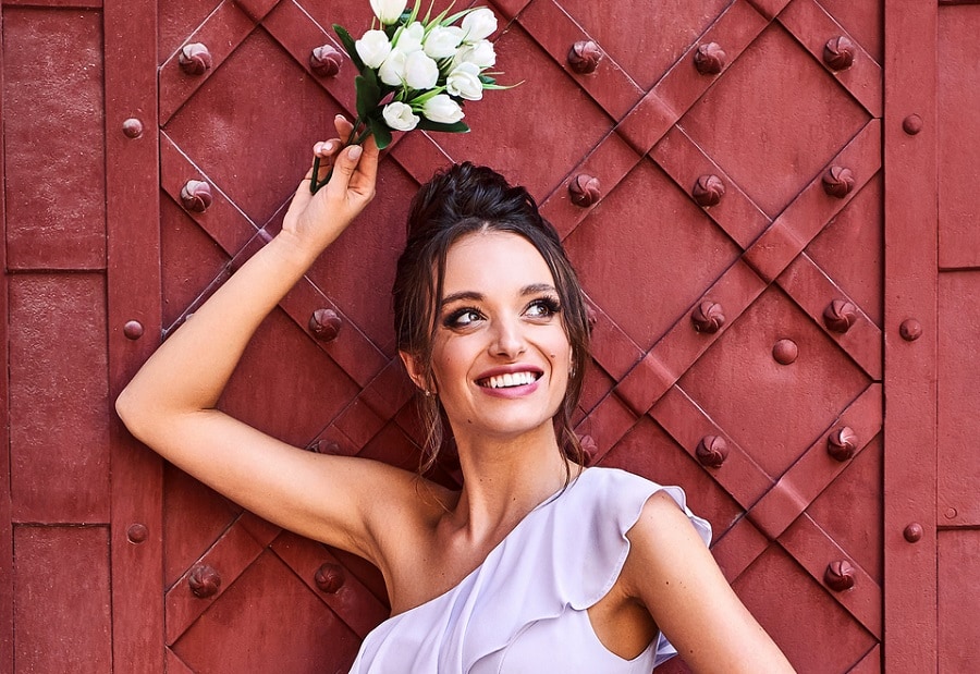 wedding updo hairstyle for dress with one shoulder