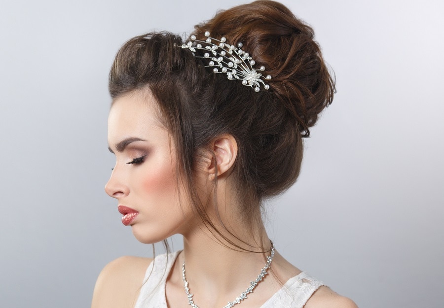 wedding updo with long dark brown hair