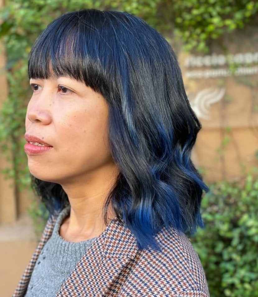 Asian dark blue long bob with bangs