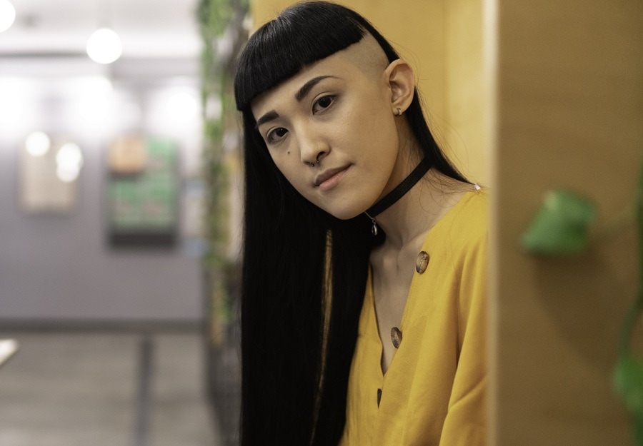 Asian women long hair with bangs and shaved side