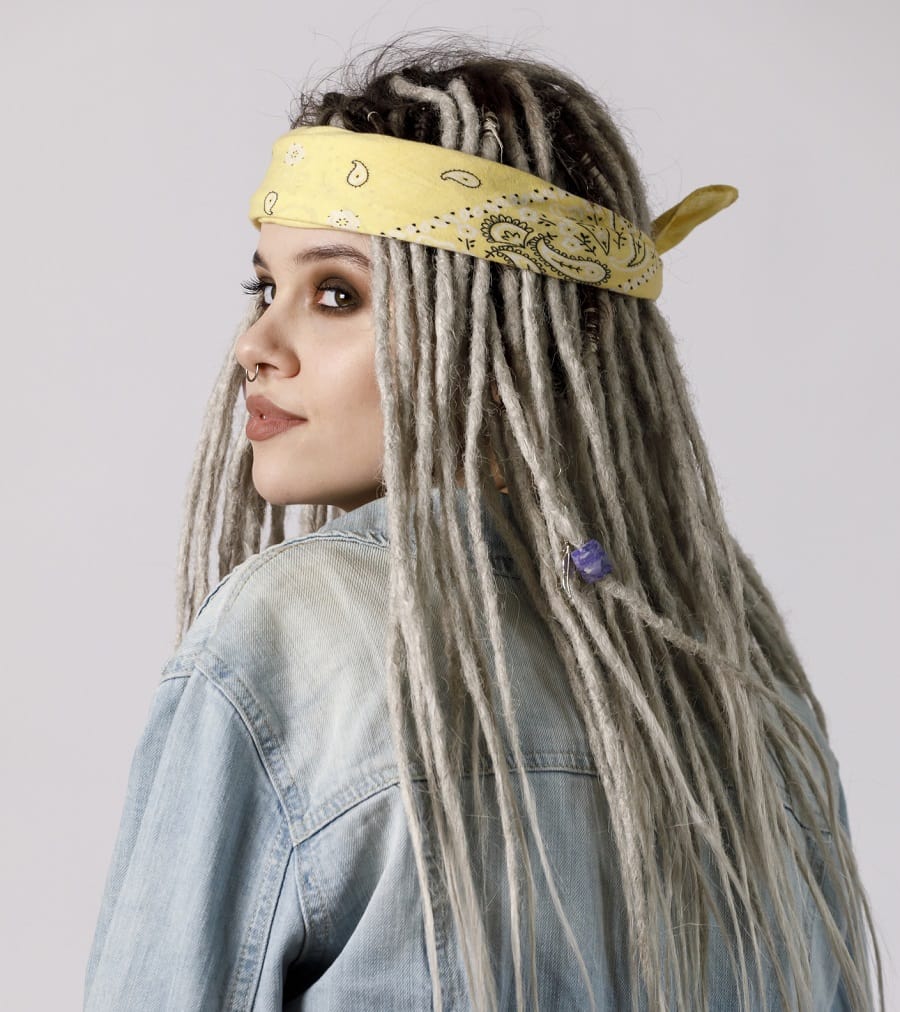 ash blonde dreadlocks with bandana