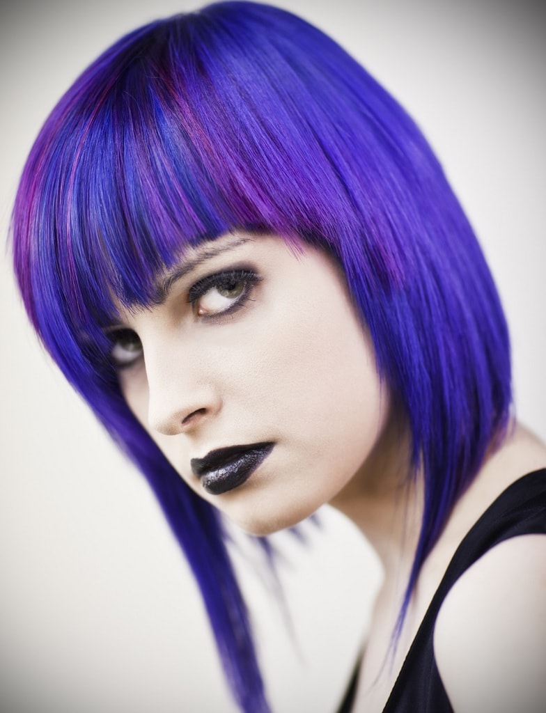 asymmetric bob with bangs for blue and purple hair