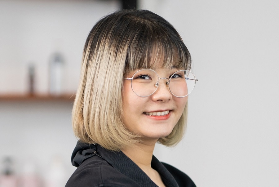 blonde ombre bob with bangs for Asian women
