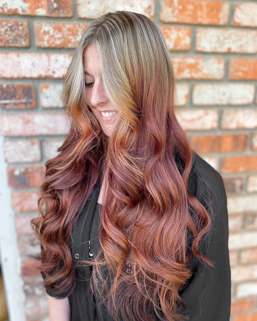 caramel blonde to wine red reverse ombre hair