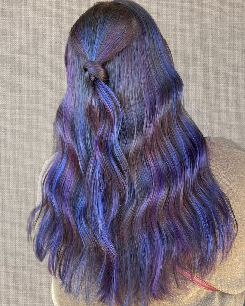 half updo with blue and purple hair