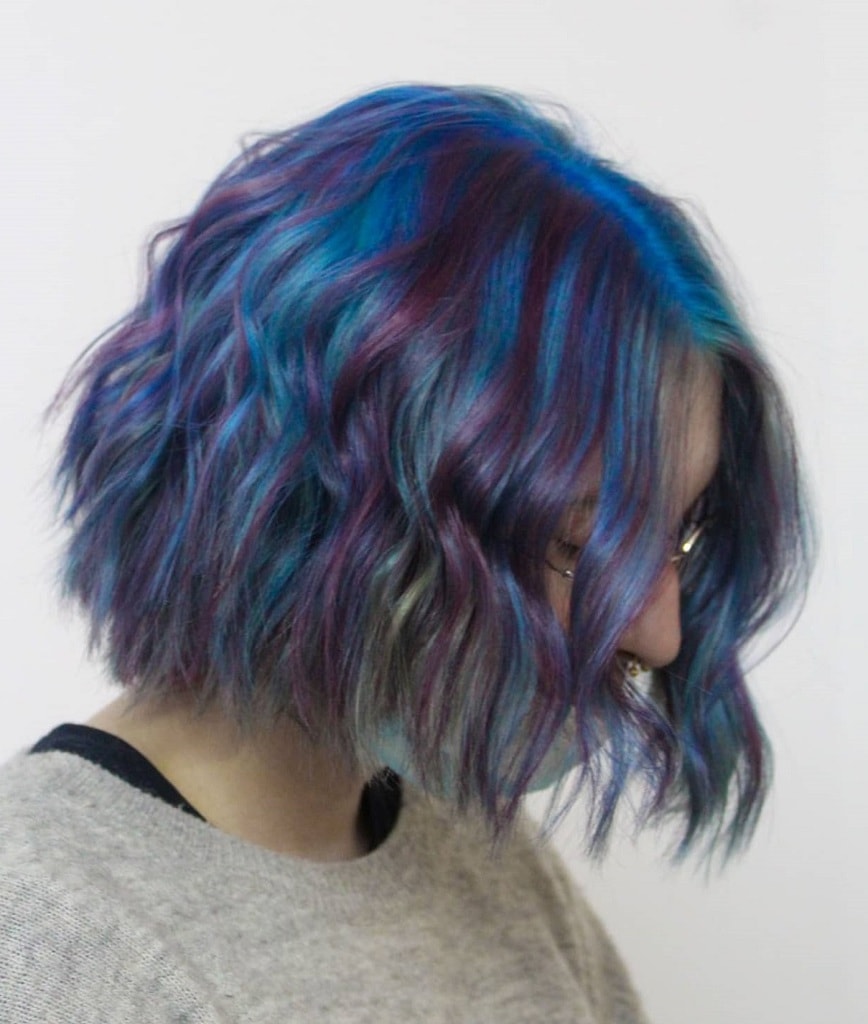 wavy bob with purple and blue highlights