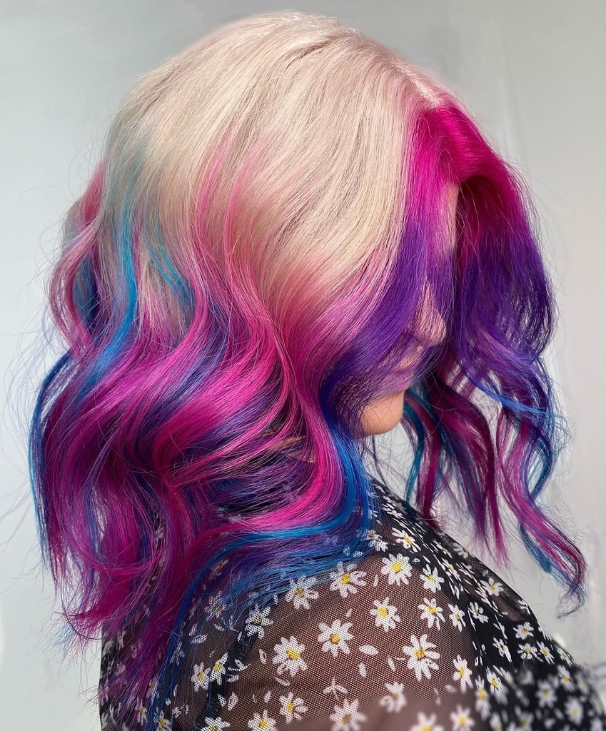 blonde hair with blue and purple highlights