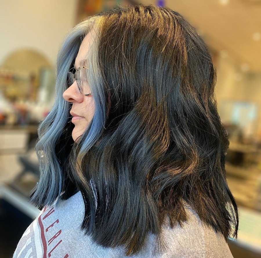 blue black hair with face framing highlights
