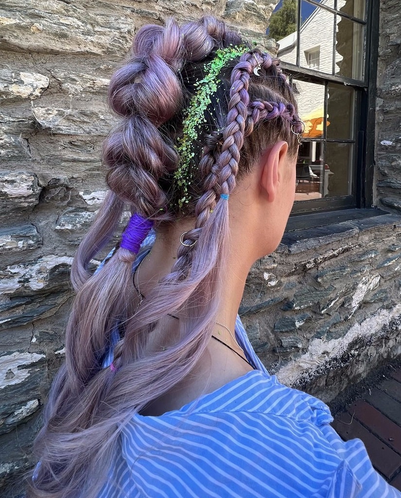 braided updo with pastel purple hair
