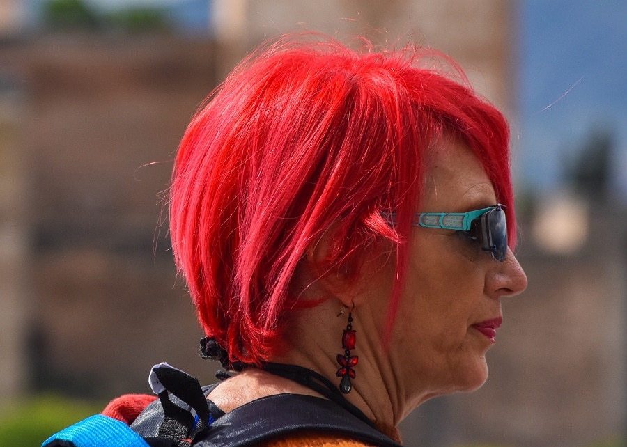 bright red pixie cut for older women