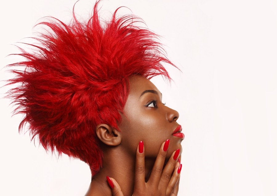 bright red spiky hairstyle for dark skin women