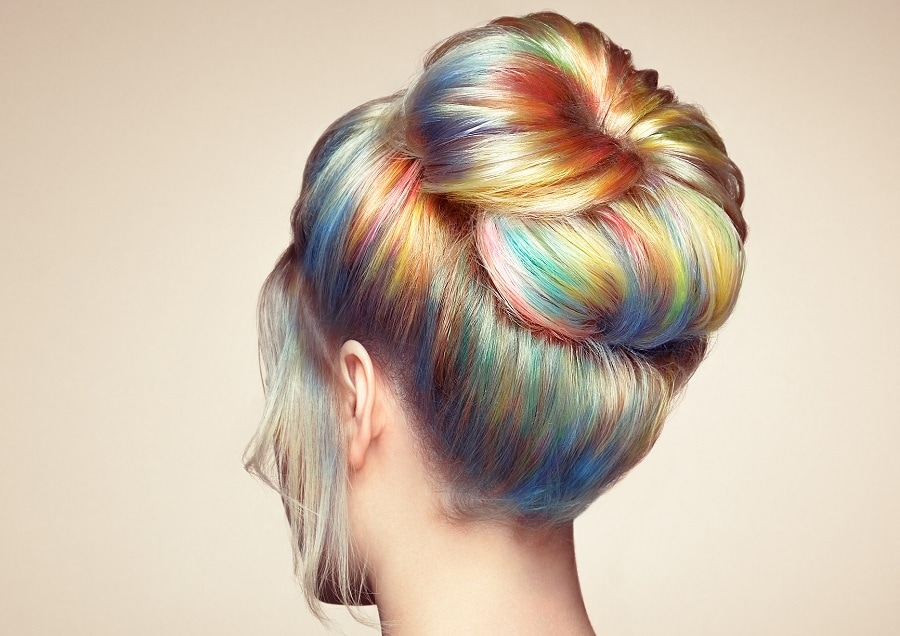 bun with pastel rainbow hair