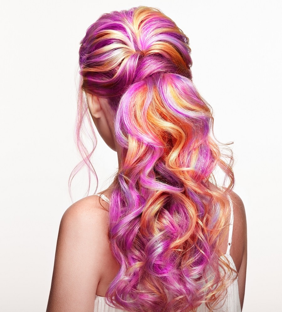 curly half updo with rainbow hair