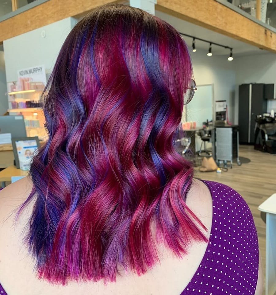 dark magenta hair with blue highlights