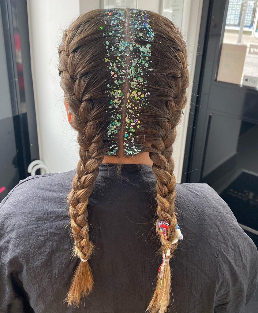 french braided pigtails with glitter