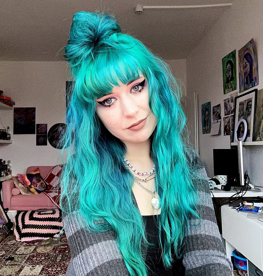 half up turquoise hair