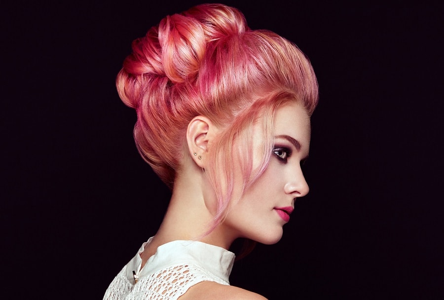 high bun with pastel pink hair
