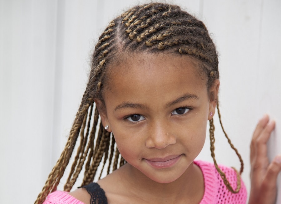 little black girl with cornrow braided pigtails