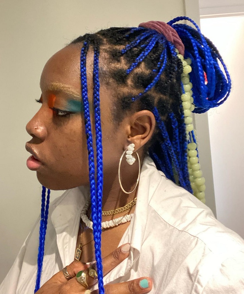 long blue braids with beads