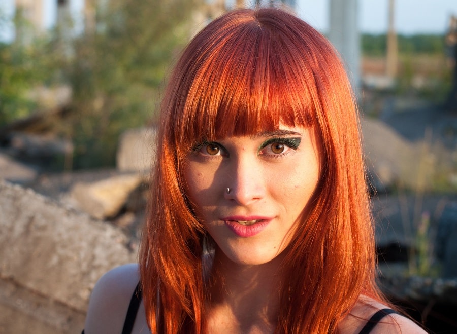 long brick red hair with bangs