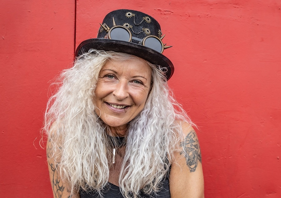 long white curly hairstyle for older women