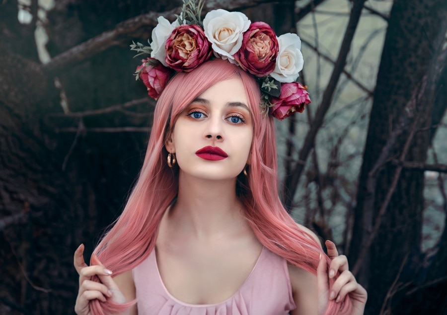 long pastel pink hair with bangs