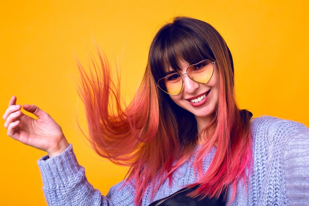 long pink ombre hair with blunt bangs