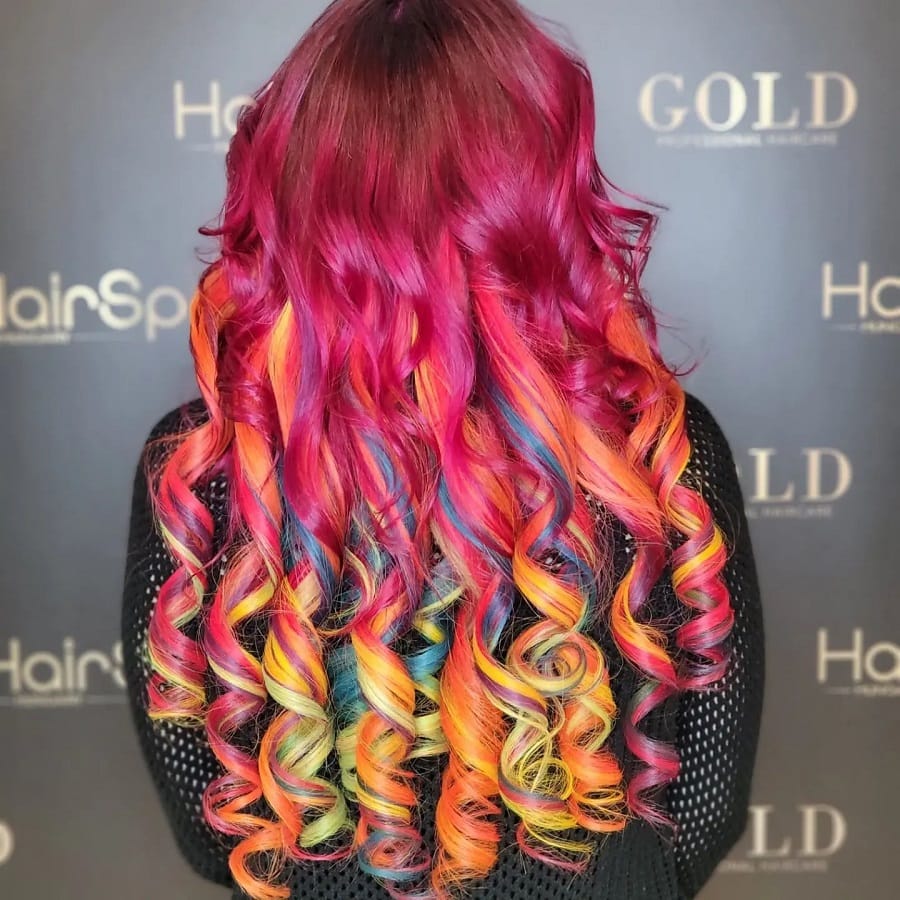 magenta hair with colorful rainbow ends
