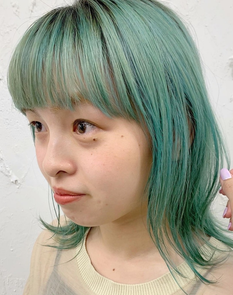 mint green lob with bangs