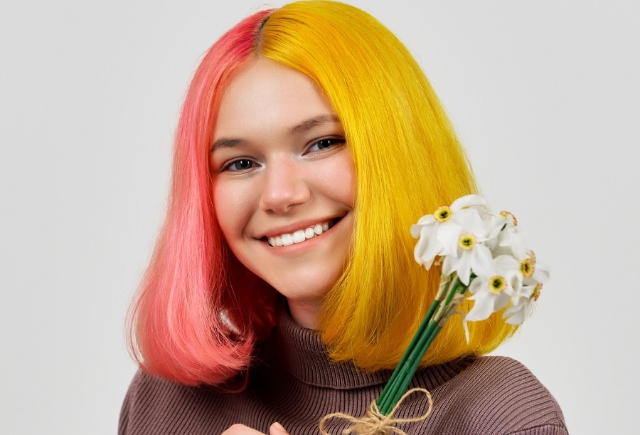 pastel pink and yellow split hair color