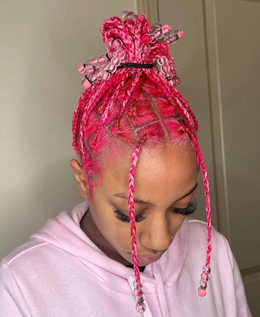 pink braided updo with beads