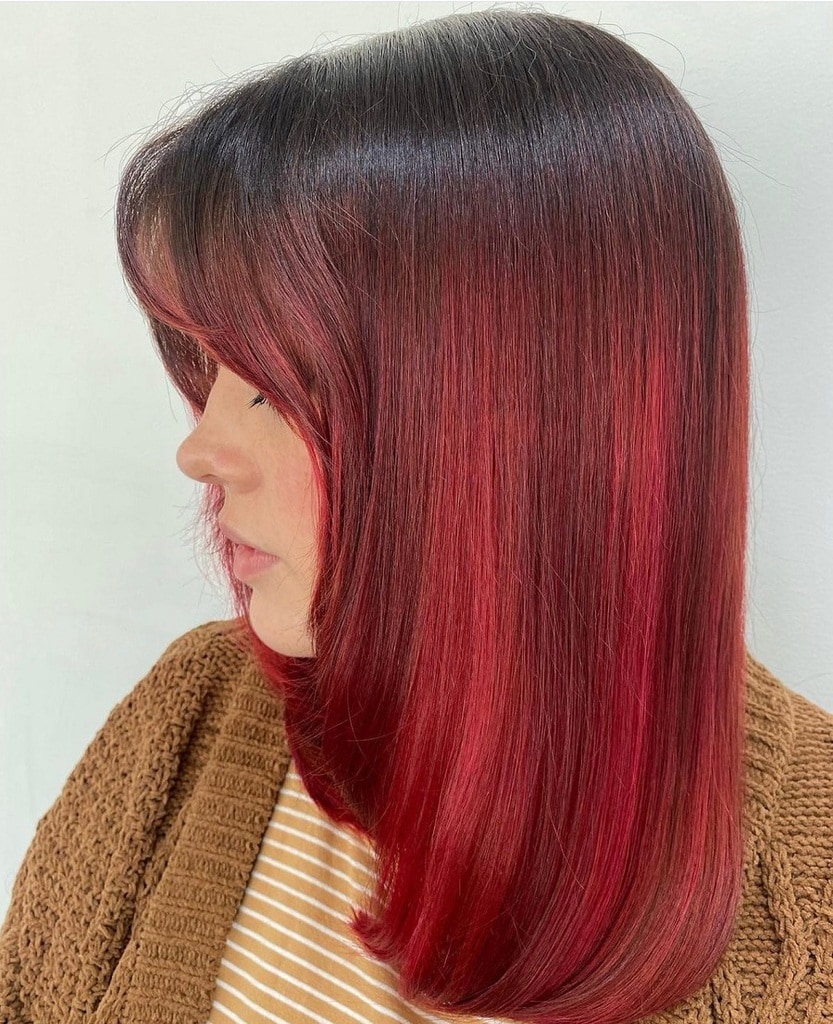 red ombre long bob with bangs