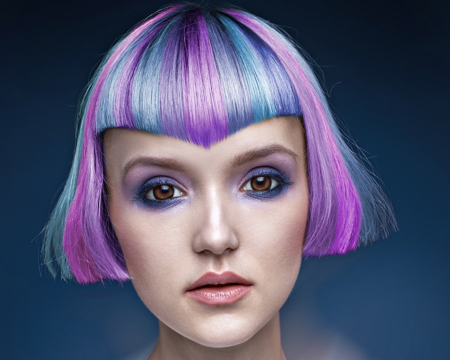 short bob with pastel purple and blue highlights