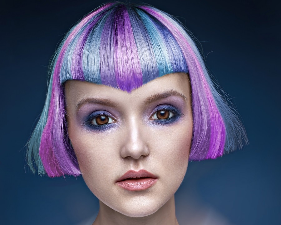 short bob with pastel purple and blue highlights