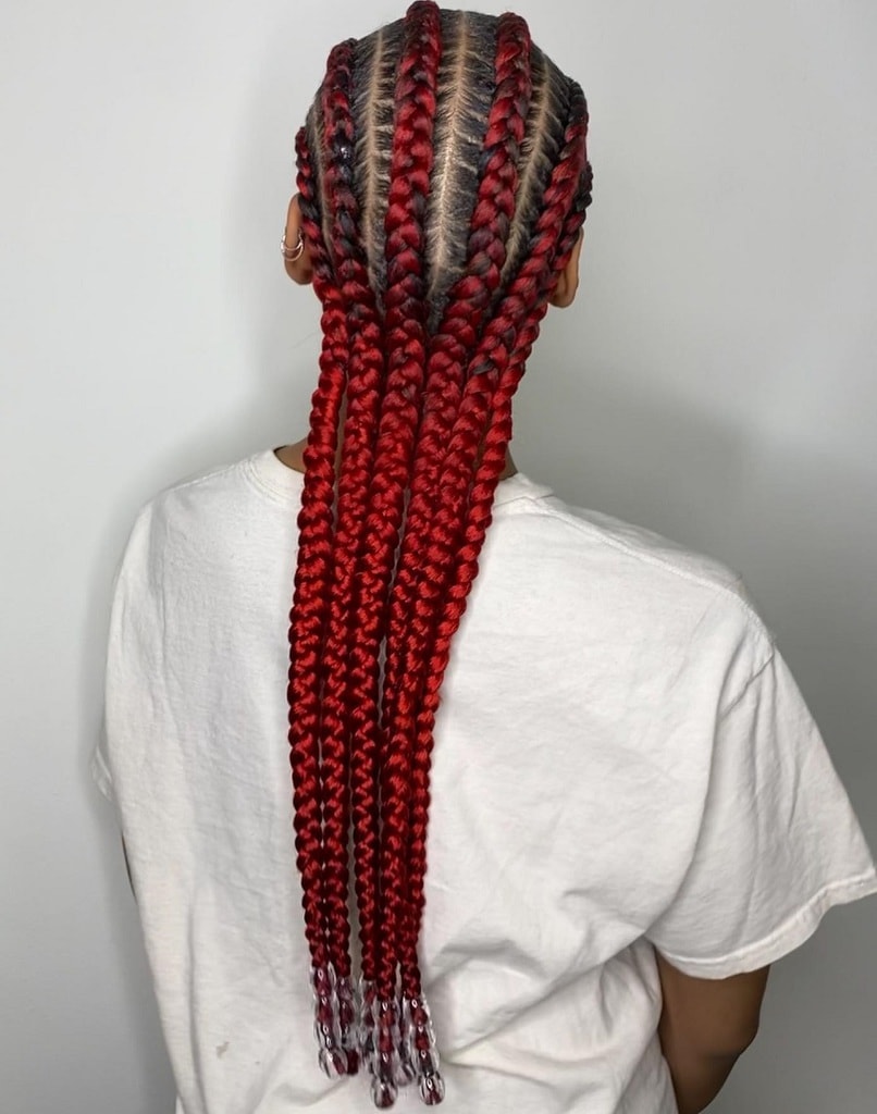 stitch red braids with beads