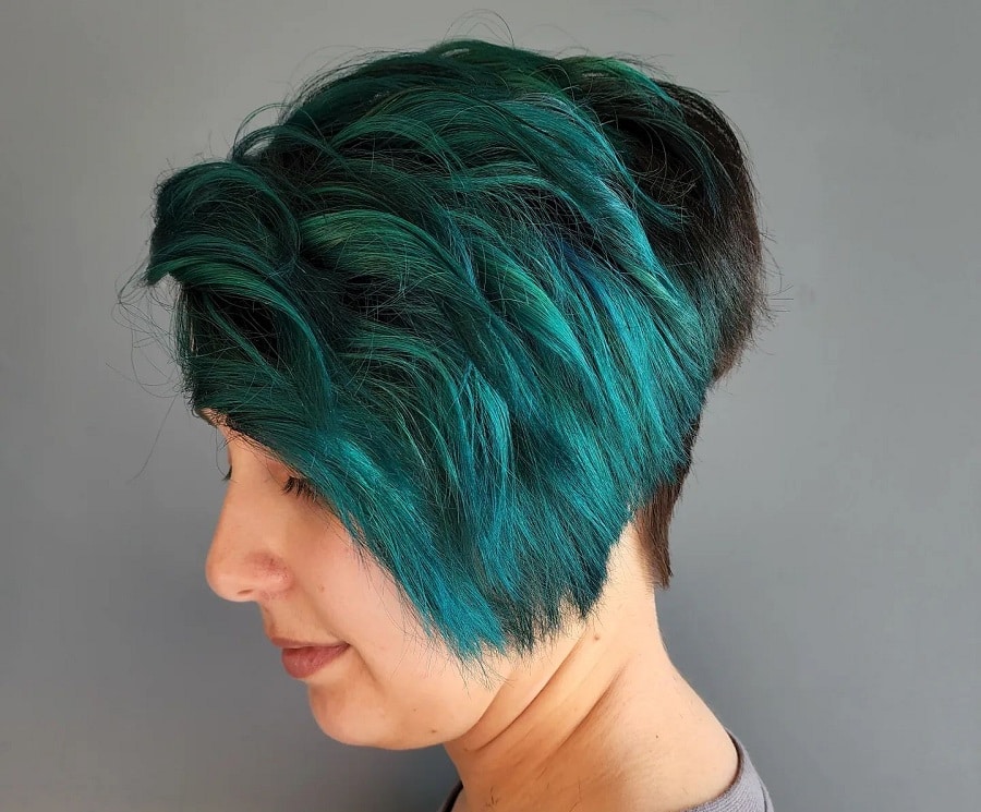 teal color for dark asymmetrical pixie hair