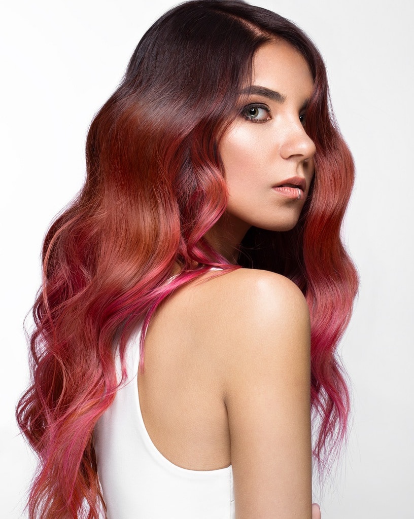 wavy dark brown to pink ombre hair