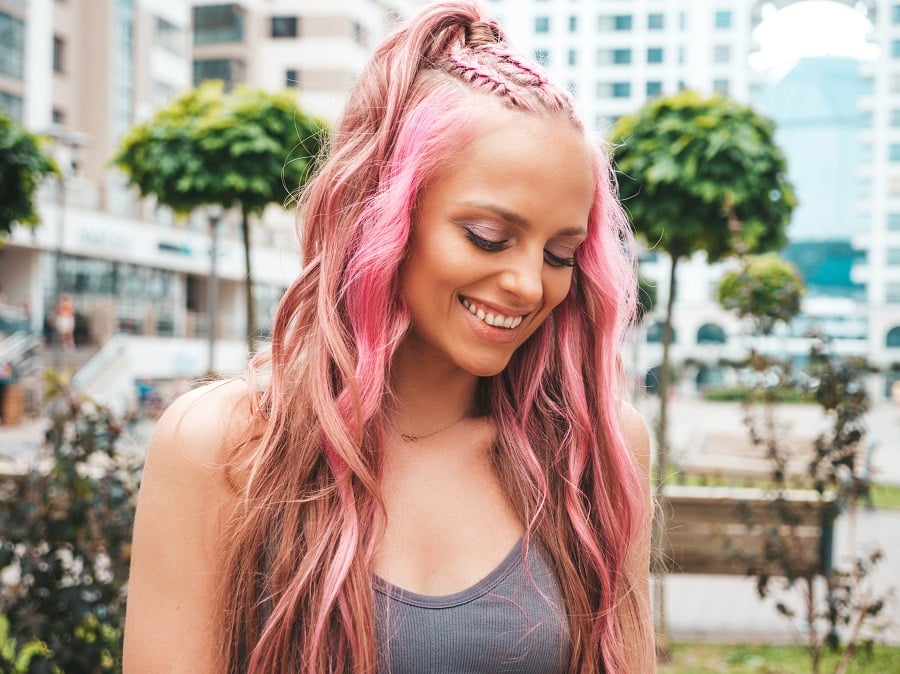wavy pink hair with braid for beach