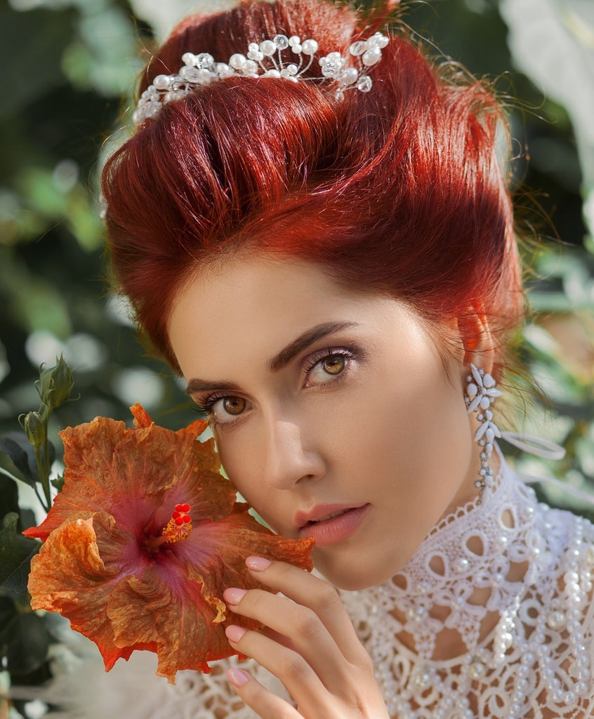 wedding updo with dark red hair