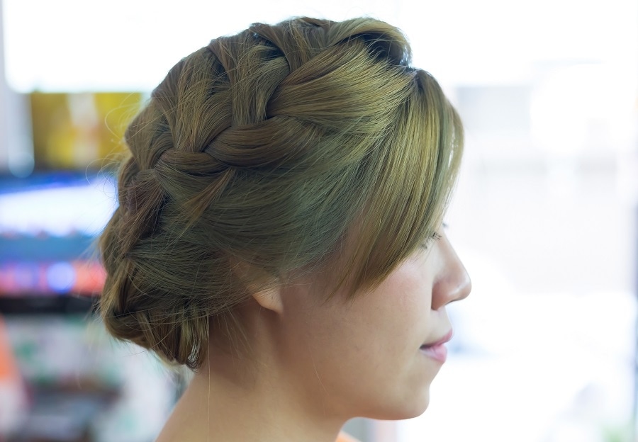braided updo with side bangs for prom