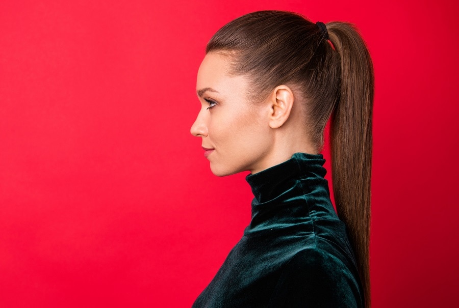 party hairstyle with sleek long ponytail