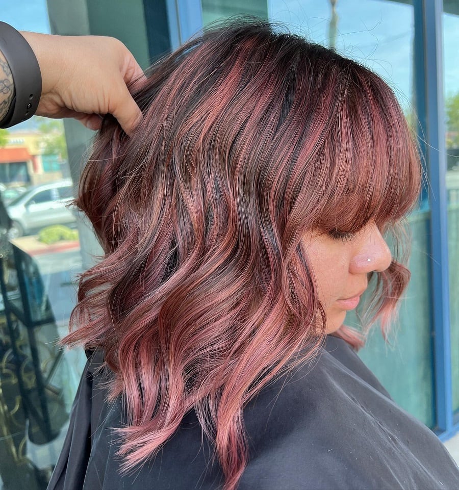 rose gold balayage hair with bangs