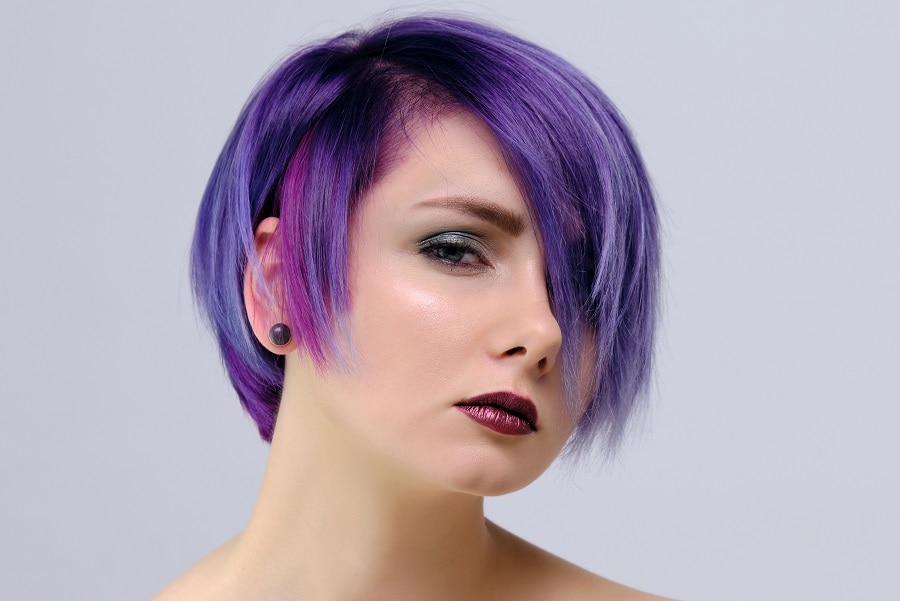 short purple hair with long bangs