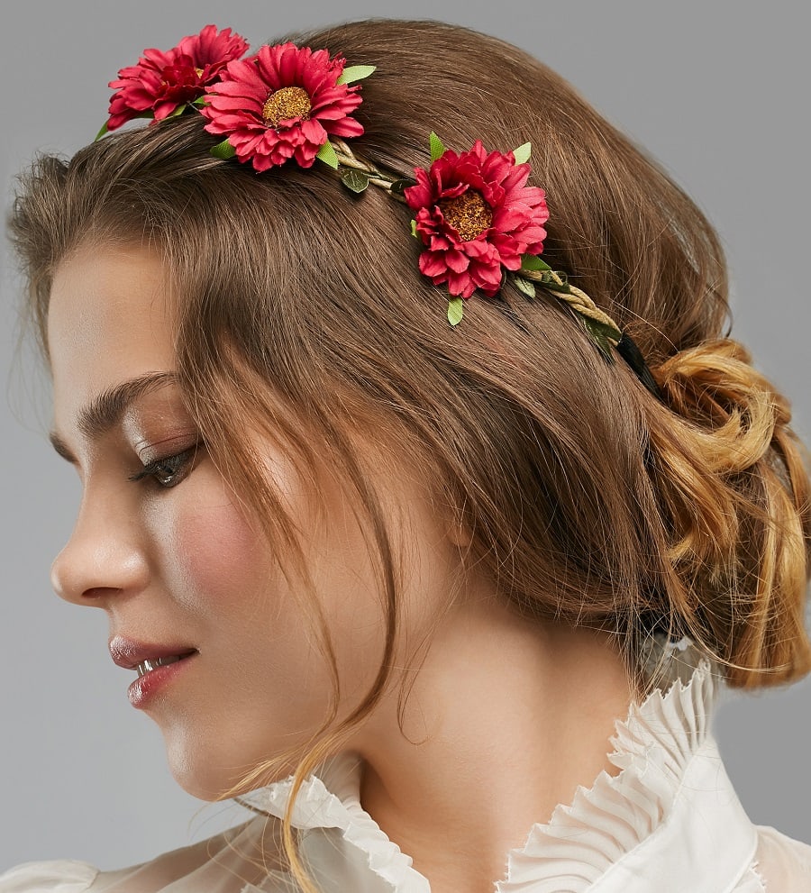 updo with flower headband