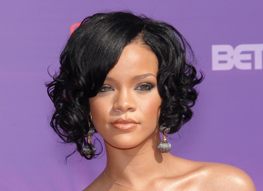 Rihanna with short side part bob