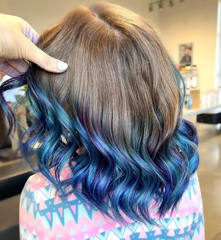 blue dip dye on brown hair