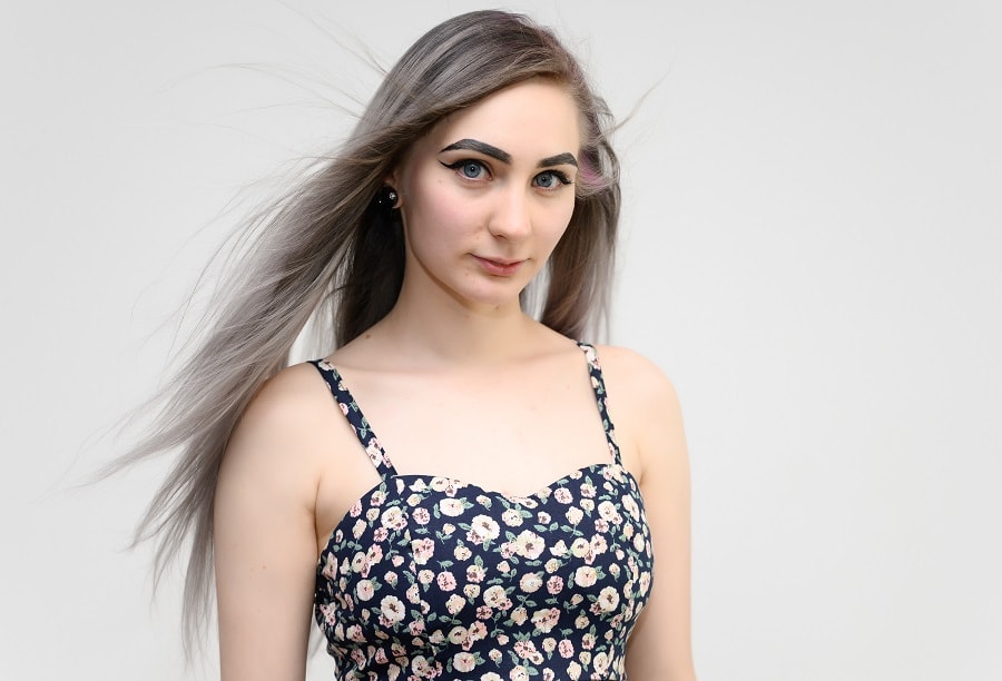 long grey hair with spaghetti strap neckline