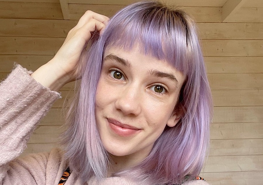 long lilac bob with bangs